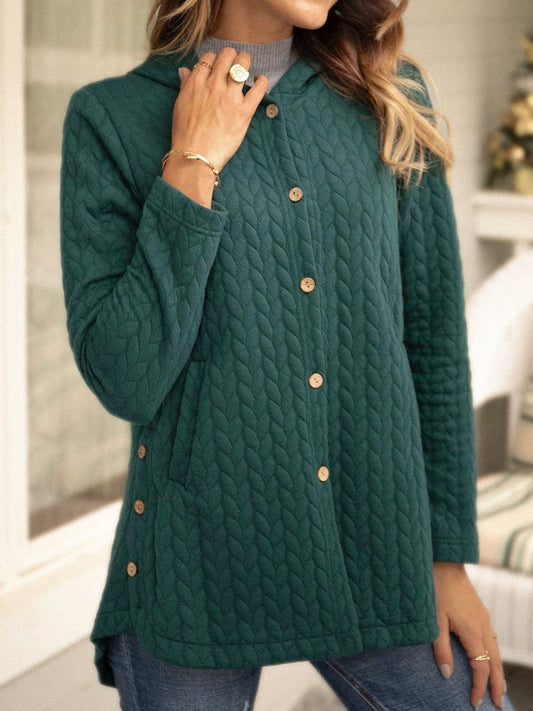 Damtröja med Huva – Kviltat Tyg – Avslappnad Passform – Knäppning – Mellanlång