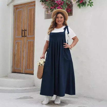 Damklänning maxi – lös passform – bomullsblandning – justerbara axelband – fickor