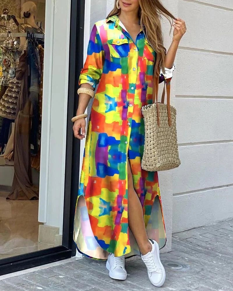 Damklänning maxi – avslappnad passform – bomullskänsla – knappfront – geometriskt mönster