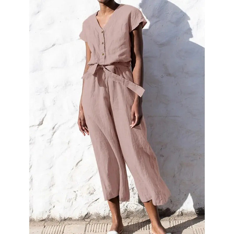 Dam Jumpsuit – V-ringning – Kort ärm – Avslappnad passform – Midjebälte – Croppad benlängd