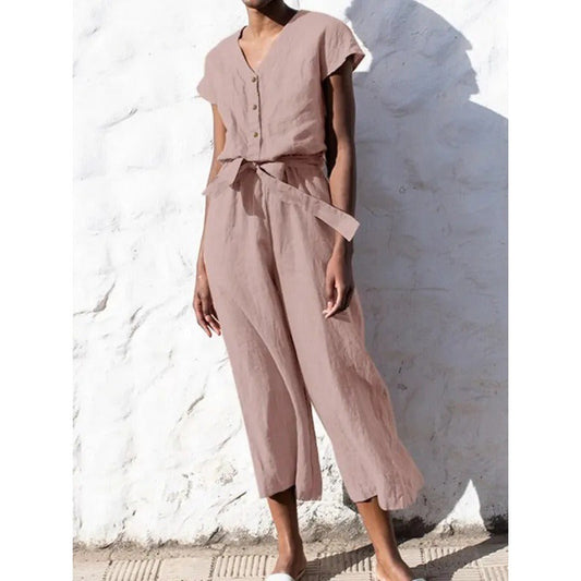 Dam Jumpsuit – V-ringning – Kort ärm – Avslappnad passform – Midjebälte – Croppad benlängd