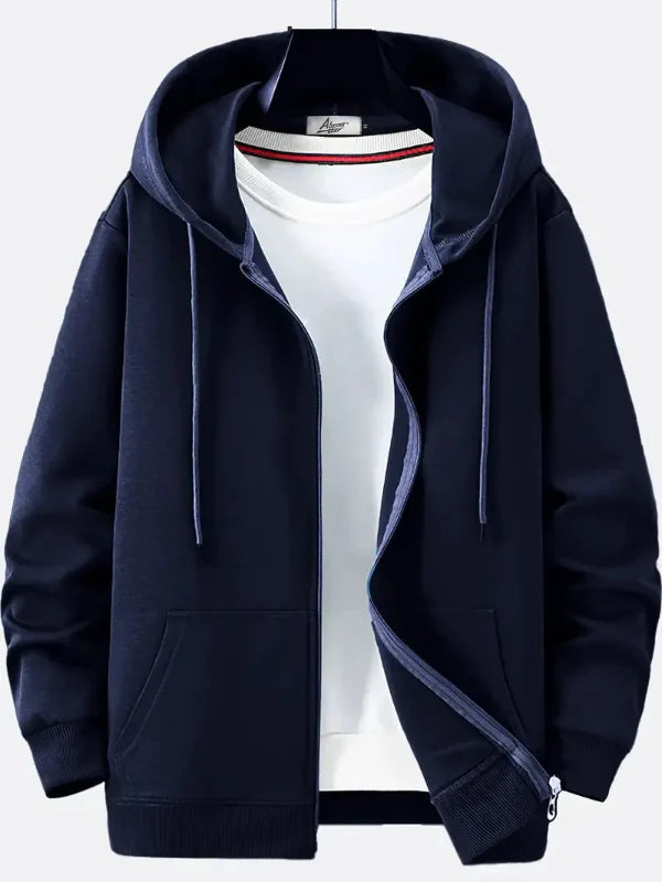 Herrhoodie med Dragkedja – Avslappnad Passform – Bomullsblandning – Justerbar Huva – Fickor Fram