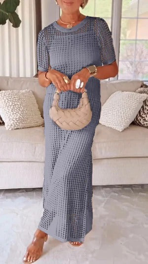 Damklänning Maxi – Rak Passform – Meshdetaljer – Kort Ärm Elegant Stil