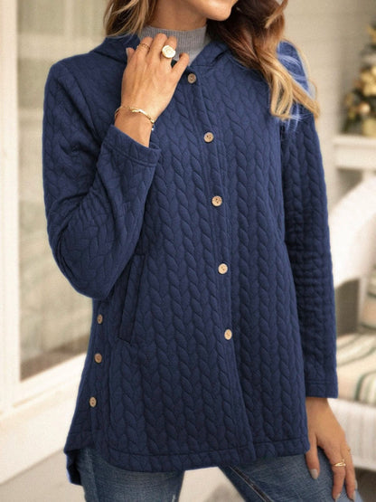 Damtröja med Huva – Kviltat Tyg – Avslappnad Passform – Knäppning – Mellanlång