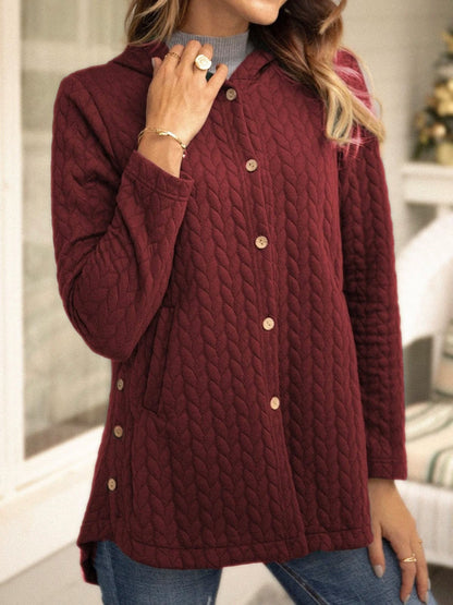 Damtröja med Huva – Kviltat Tyg – Avslappnad Passform – Knäppning – Mellanlång