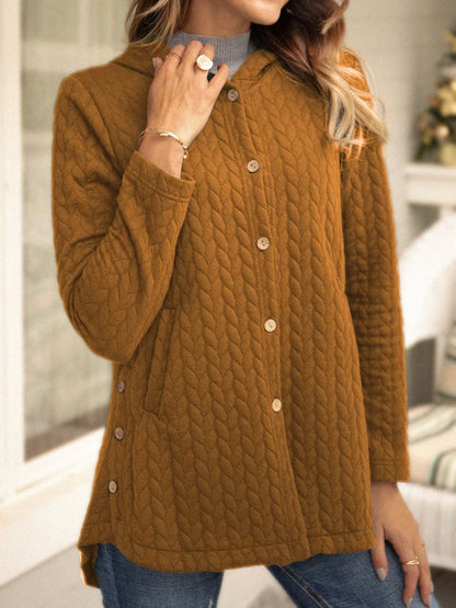 Damtröja med Huva – Kviltat Tyg – Avslappnad Passform – Knäppning – Mellanlång