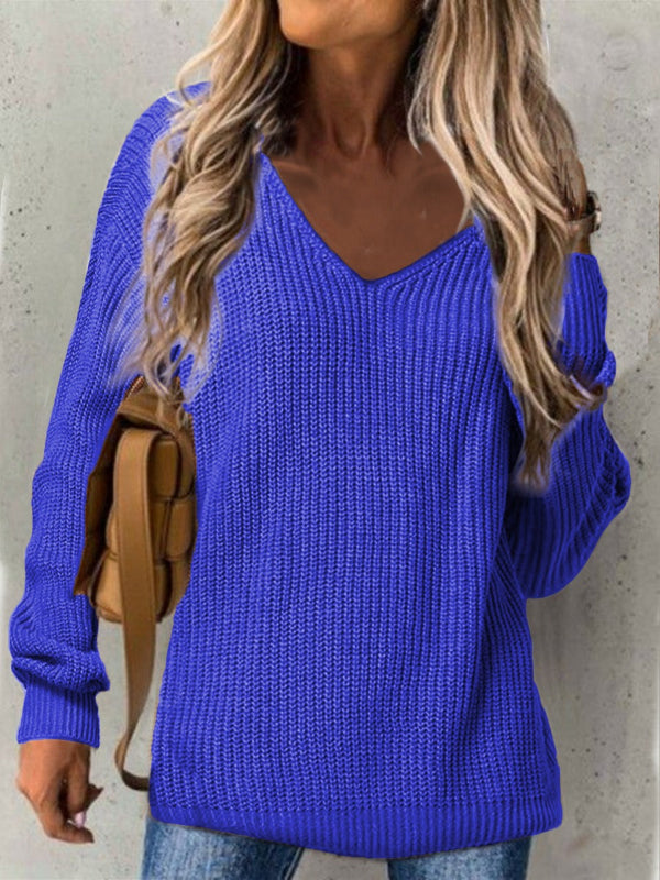 Damstickad Tröja – Lös Passform – V-ringning – Långärm – Ribbad Textur