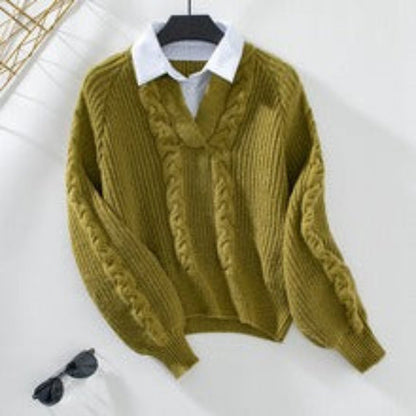 Damstickad tröja – Avslappnad passform – Kabelstickning – Skjortkrage i lagerlook