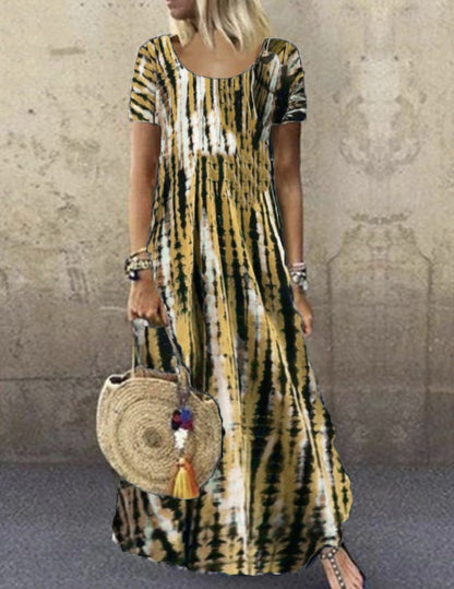 Damklänning maxi – Lös passform – Tie-dye mönster – Kort ärm – Bomull