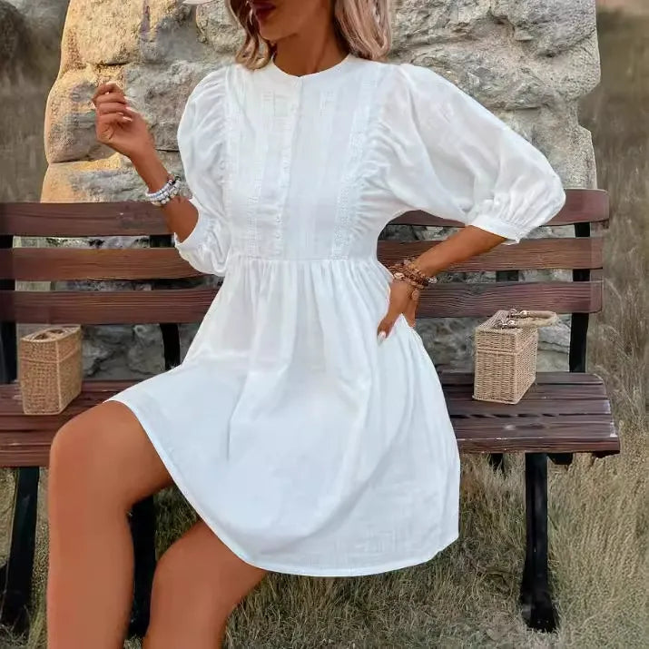 Damklänning – A-linjeformad passform – Bomullsblandning – Spetsdetalj – Puffärm