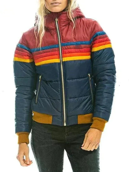 Dam Pufferjacka – Quiltad Isolering – Slim Fit – Hög Krage – Kort Modell – Randig Design