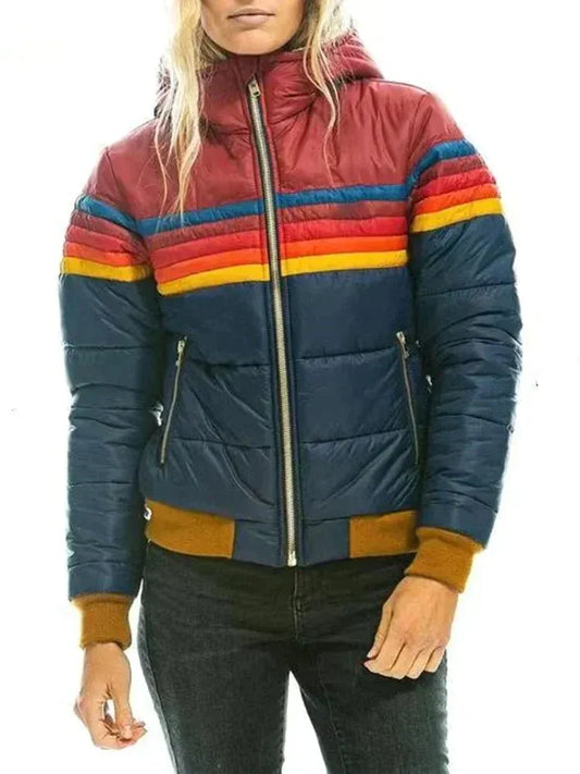 Dam Pufferjacka – Quiltad Isolering – Slim Fit – Hög Krage – Kort Modell – Randig Design