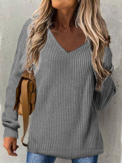 Damstickad Tröja – Lös Passform – V-ringning – Långärm – Ribbad Textur
