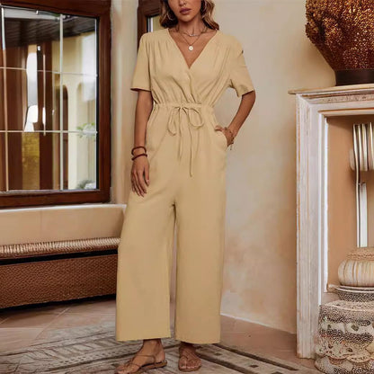 Dam Jumpsuit – Linne Bomullsblandning – Vid Passform – V-ringning – Kort Ärm – Fickor