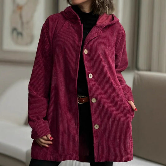 Damjacka – Corduroy – Lös Passform – Huva – Knappstängning – Lårlängd