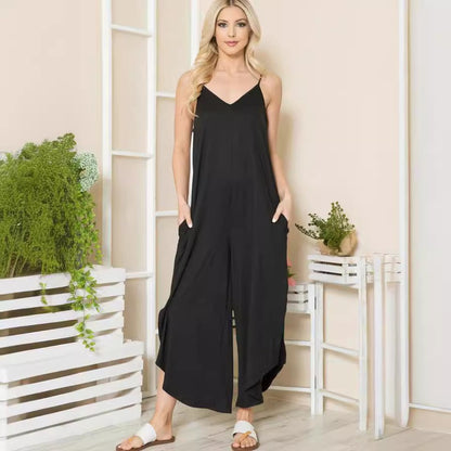Dam Jumpsuit – Lös Passform – Vida Ben – Ärmlös V-ringning – Fickor – Cottonblandning