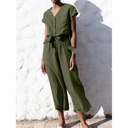 Dam Jumpsuit – V-ringning – Kort ärm – Avslappnad passform – Midjebälte – Croppad benlängd