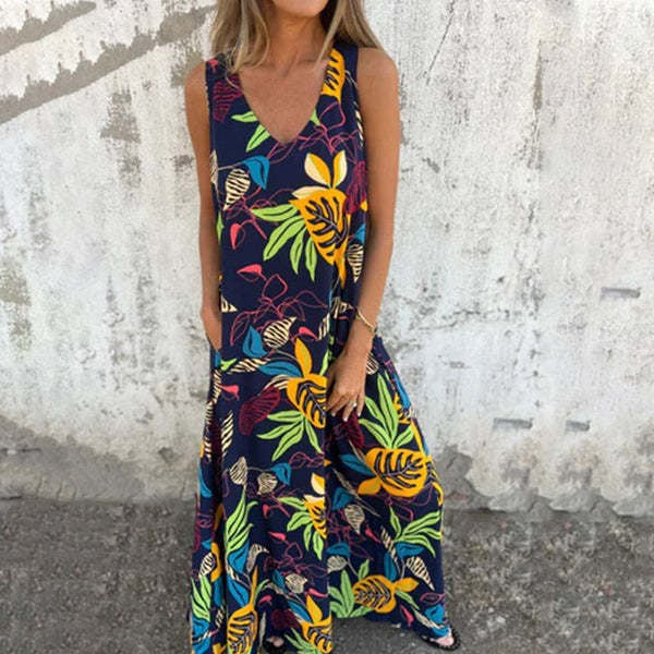 Damklänning – Ärmös – V-ringning – Avslappnad passform – Bladmönster – Bomull