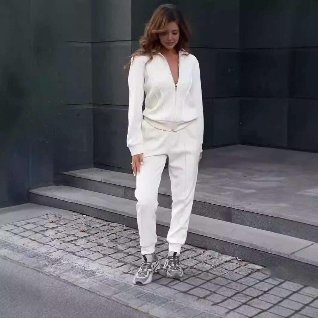 Damset med kofta och byxor – Stickat tyg – Avslappnad passform – Dragkedja – Avsmalnande ben