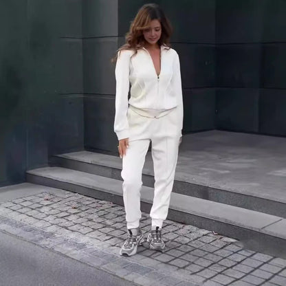 Damset med kofta och byxor – Stickat tyg – Avslappnad passform – Dragkedja – Avsmalnande ben