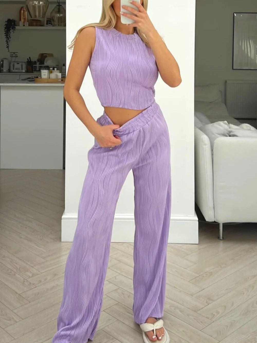 Damset – Ribbad Crop Linne – Högmidjade Vida Byxor – Elastisk Midja – Mjuk Passform