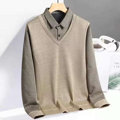 Herr Tröja med Krage – Regular Fit – Lång ärm – Stickad – Skiktad Skjortlook