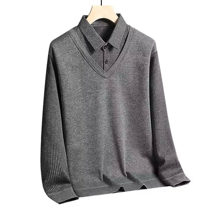 Herr Tröja med Krage – Regular Fit – Lång ärm – Stickad – Skiktad Skjortlook
