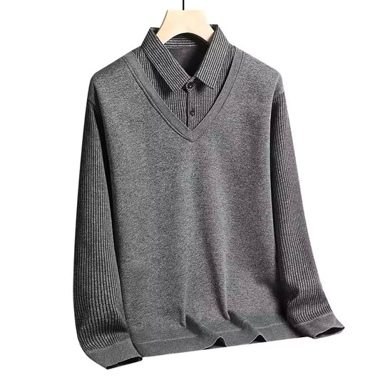 Herr Tröja med Krage – Regular Fit – Lång ärm – Stickad – Skiktad Skjortlook
