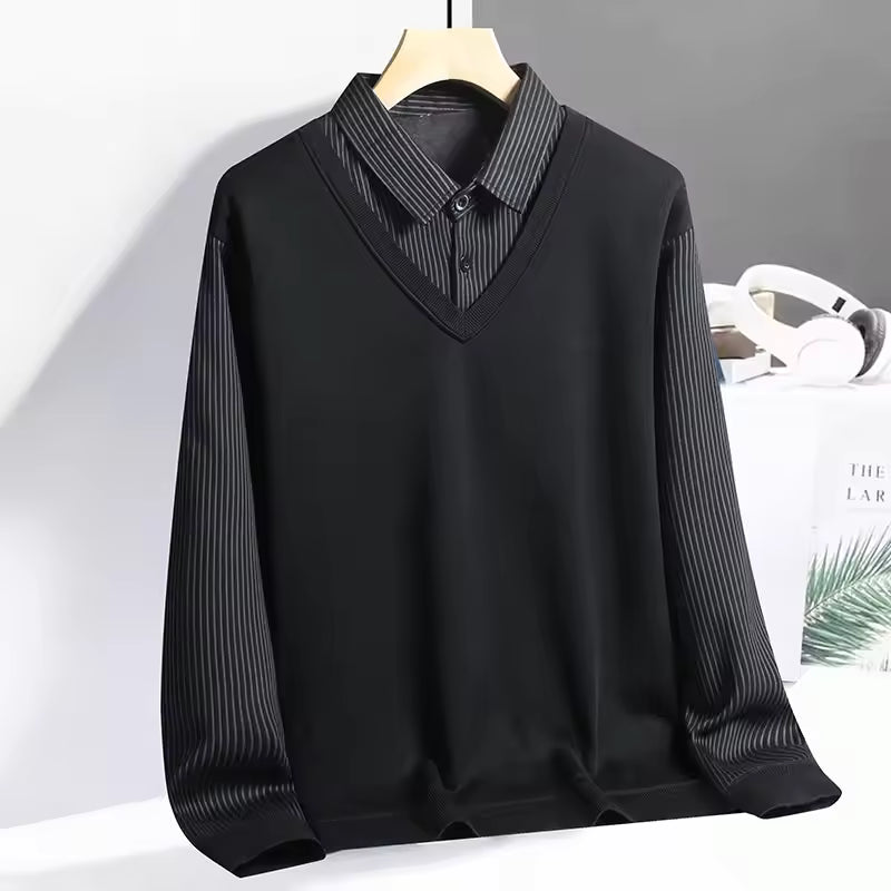 Herr Tröja med Krage – Regular Fit – Lång ärm – Stickad – Skiktad Skjortlook