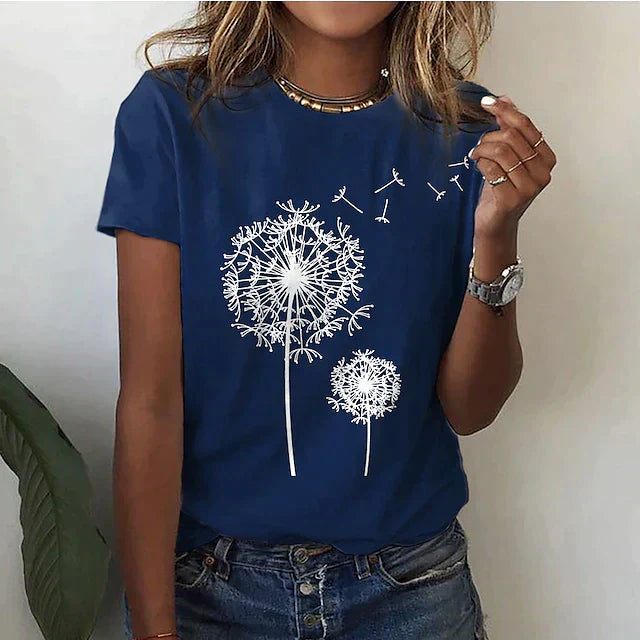 Dam T-shirt – Bomull – Avslappnad Passform – Rund Hals – Kort Ärm – Tryckt Motiv