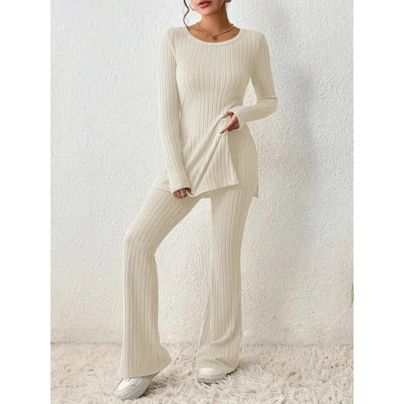 Kvinnors Stickat Set – Ribbad Tunika med Sidorslits – Stretchiga Leggings