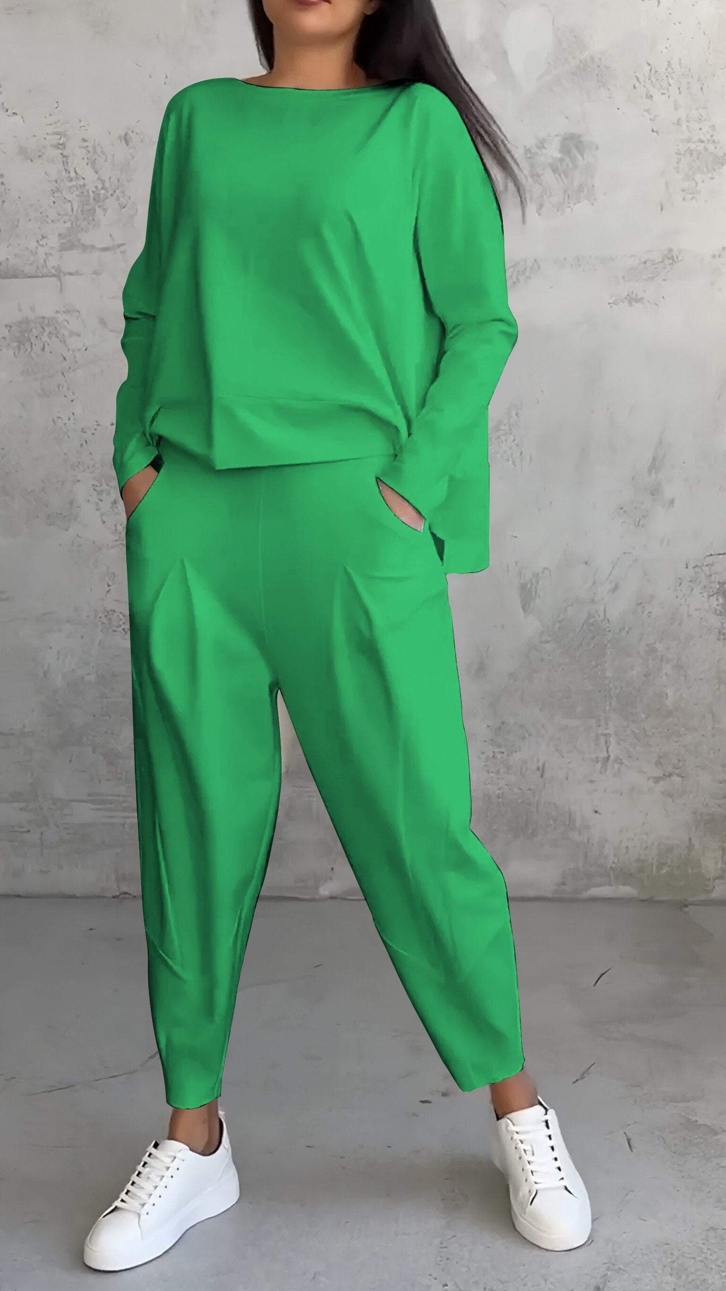 Dam Lounge Set – Oversized Topp – Raka Byxor – Mjuk Stickad Kvalitet