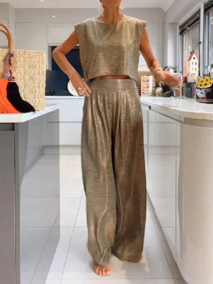 Dambyxa & Crop Top Set – Ärmlös Kort Topp – Vida Högmidjade Byxor – Ledig Passform
