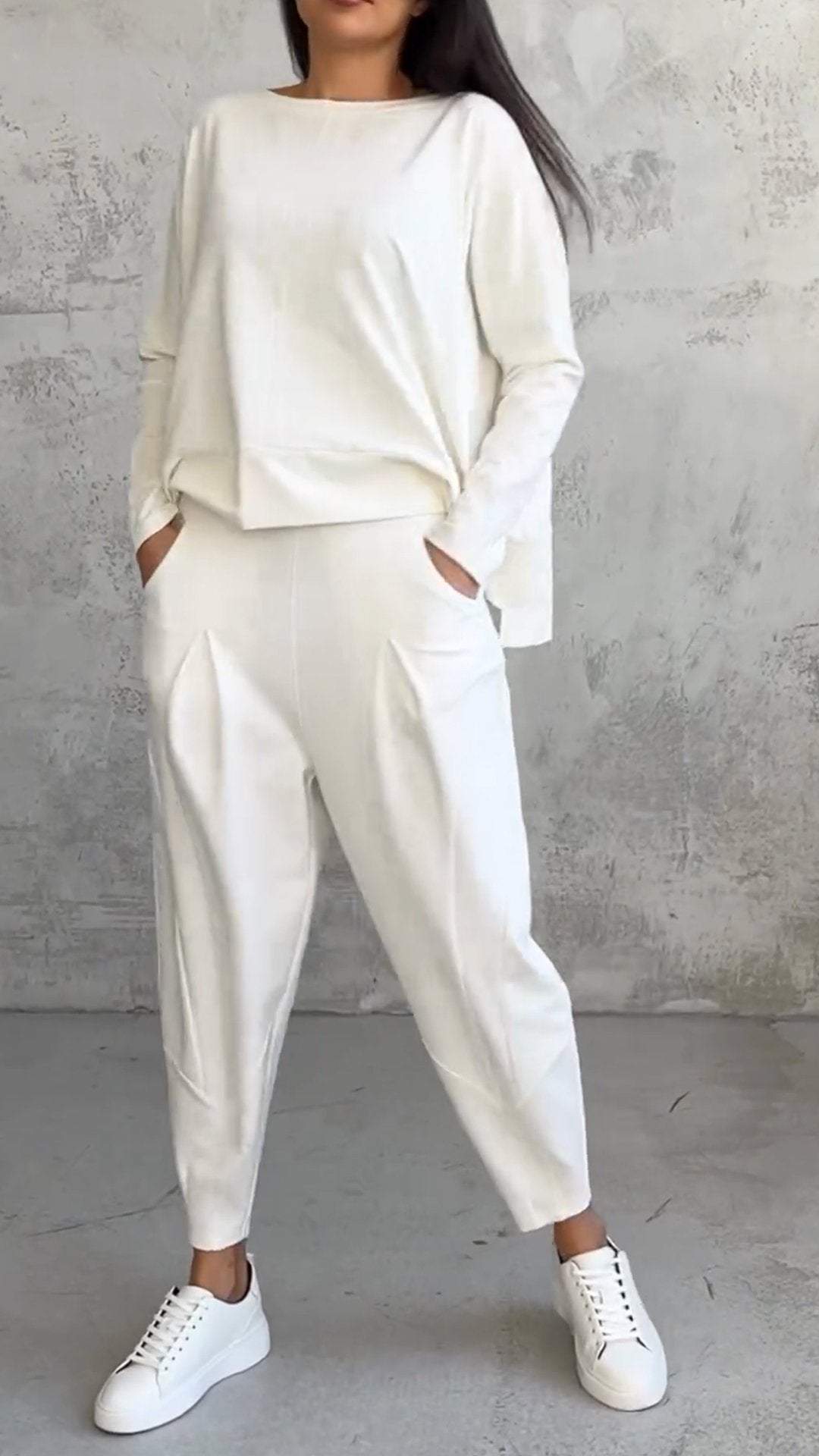 Dam Lounge Set – Oversized Topp – Raka Byxor – Mjuk Stickad Kvalitet