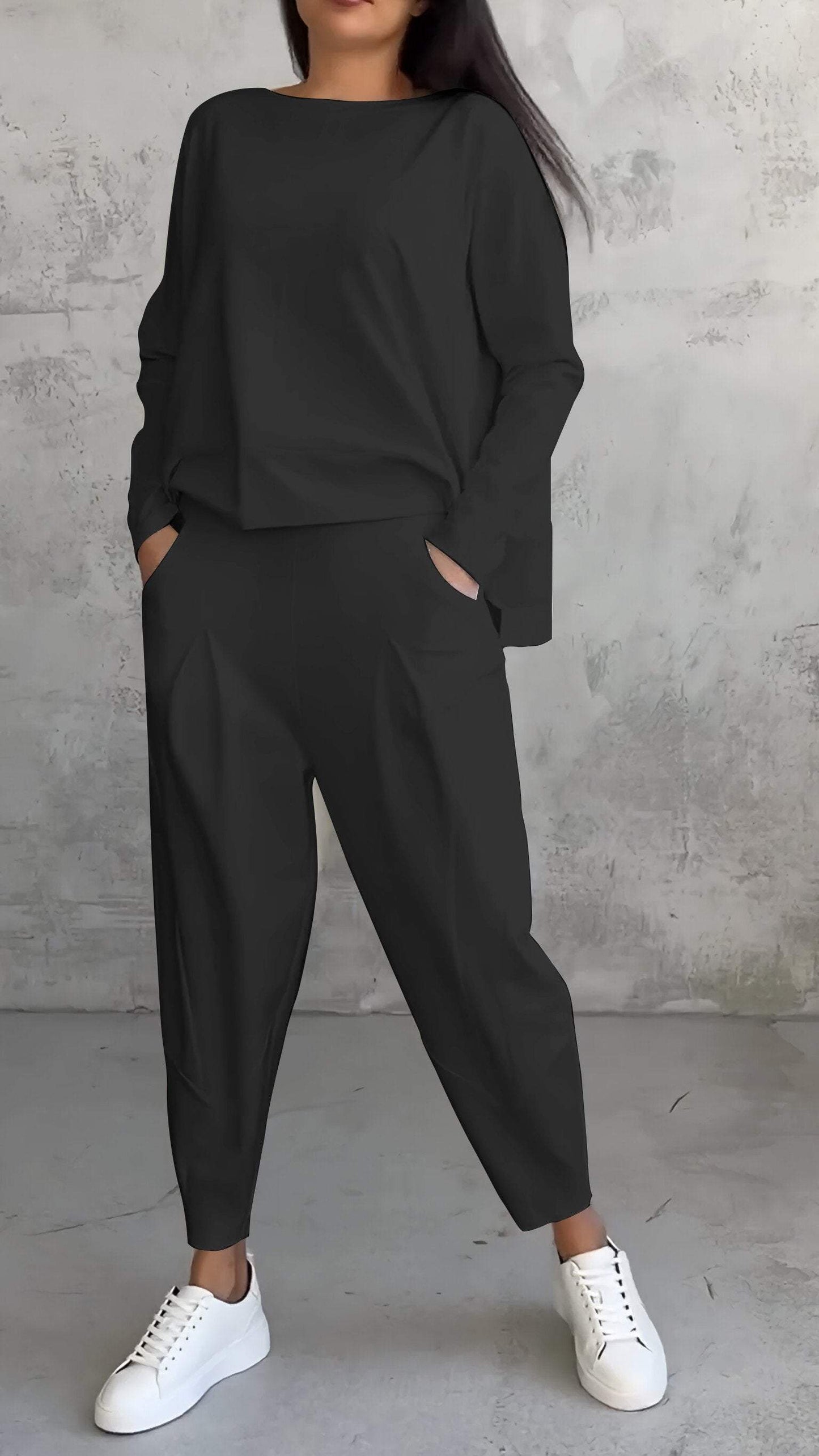 Dam Lounge Set – Oversized Topp – Raka Byxor – Mjuk Stickad Kvalitet