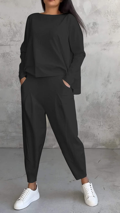 Dam Lounge Set – Oversized Topp – Raka Byxor – Mjuk Stickad Kvalitet