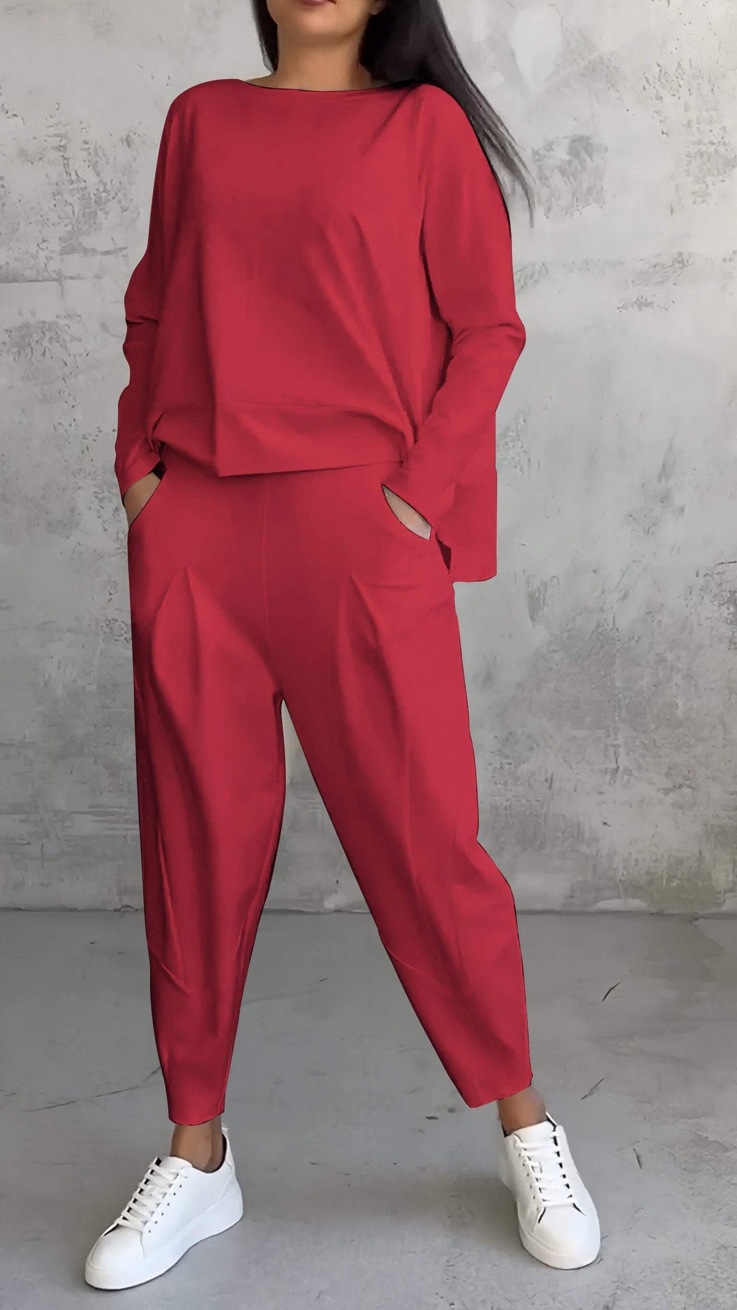 Dam Lounge Set – Oversized Topp – Raka Byxor – Mjuk Stickad Kvalitet