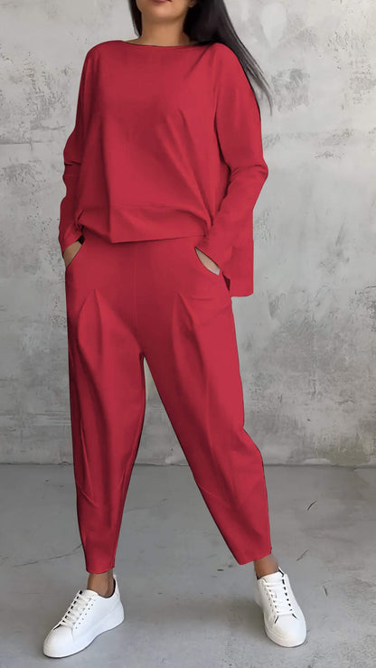 Dam Lounge Set – Oversized Topp – Raka Byxor – Mjuk Stickad Kvalitet