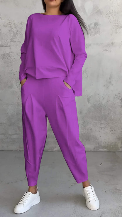 Dam Lounge Set – Oversized Topp – Raka Byxor – Mjuk Stickad Kvalitet