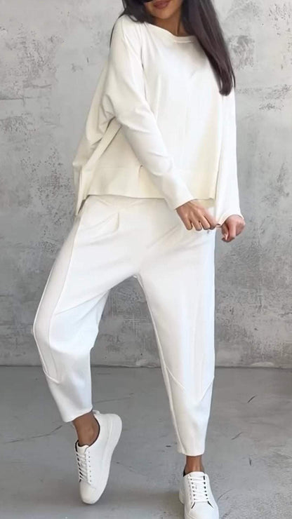 Dam Lounge Set – Oversized Topp – Raka Byxor – Mjuk Stickad Kvalitet