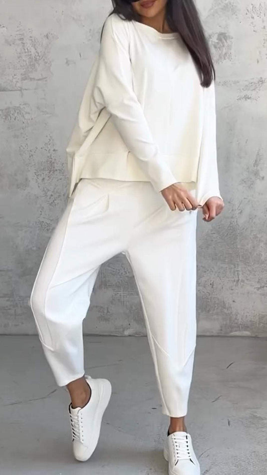 Dam Lounge Set – Oversized Topp – Raka Byxor – Mjuk Stickad Kvalitet