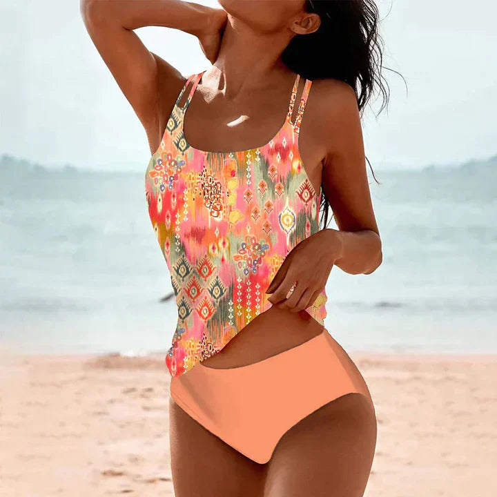 Dam Tankini Set – Avslappnad Passform – Dubbel Axelrem – Andningsbart Material – Hel Täckning