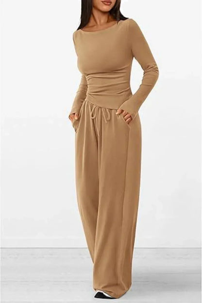 Dam Loungewear Set - Långärmad Topp & Vida Byxor - Rund Hals - Bekväm Stretch