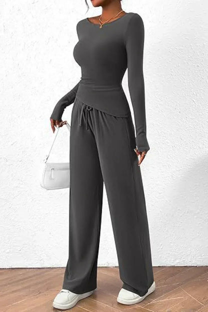 Dam Loungewear Set - Långärmad Topp & Vida Byxor - Rund Hals - Bekväm Stretch