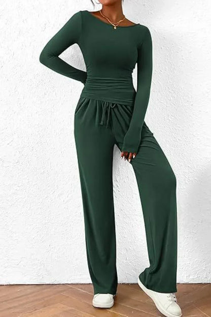 Dam Loungewear Set - Långärmad Topp & Vida Byxor - Rund Hals - Bekväm Stretch