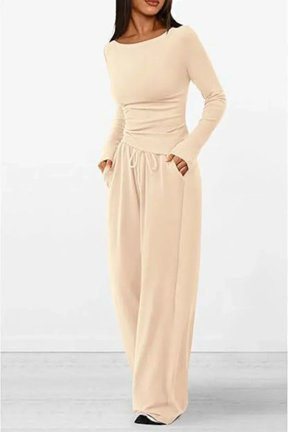 Dam Loungewear Set - Långärmad Topp & Vida Byxor - Rund Hals - Bekväm Stretch