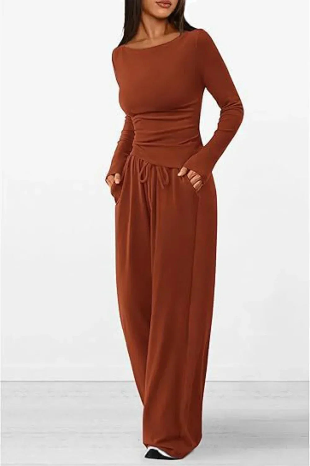Dam Loungewear Set - Långärmad Topp & Vida Byxor - Rund Hals - Bekväm Stretch