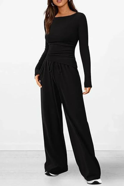 Dam Loungewear Set - Långärmad Topp & Vida Byxor - Rund Hals - Bekväm Stretch