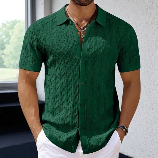 Herr Pikétröja – Slim Fit – Jacquardstickad Struktur – Kort Ärm – Knäppning Fram