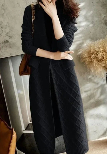 Damkofta – Ullstickad – Avslappnad Passform – Öppen Front – Diamanttextur